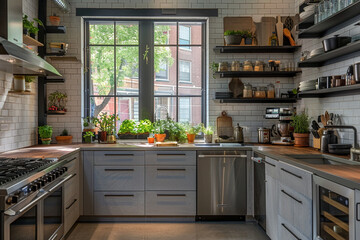 Modern urban kitchen interior with stainless steel appliances, open shelving, and herb garden on windowsill. Contemporary small kitchen design concept with industrial accents.