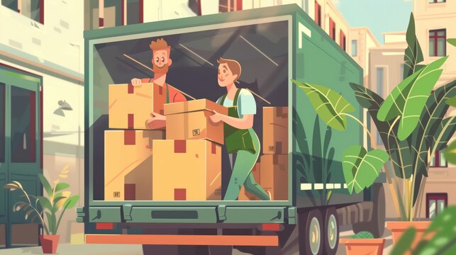 Animated image of two workers loading cardboard boxes into a delivery truck in an urban setting.