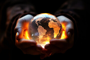 Hands holding a glowing earth globe in the dark, symbolizing care and protection