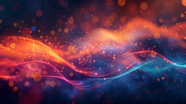 Abstract image featuring colorful flowing lines and glittering particles on a dark background.