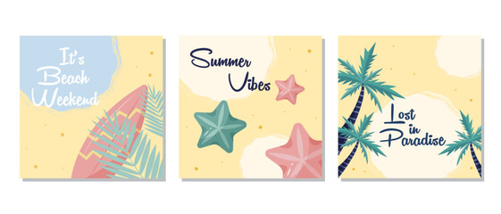 Fototapeta na wymiar Set of summer posters with beach elements, palm trees, surfboard, and starfish on a yellow background. Flat vector illustrations for social media, digital marketing, or advertising.