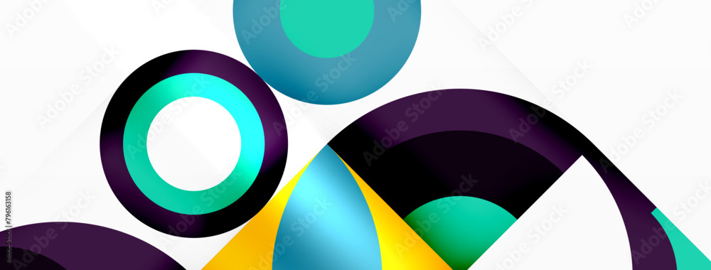 Poster An artistic creation with colorful circles and triangles in electric blue and magenta on a white background. The pattern resembles a modern painting with a glasslike material property