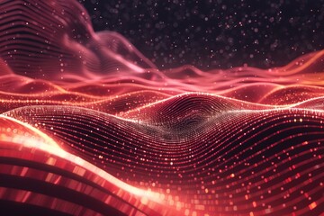 Waves of vine red cascade in a rhythmic pattern across a 3D linear texture background, resembling the undulating surface of a cosmic ocean under the glow of distant stars.