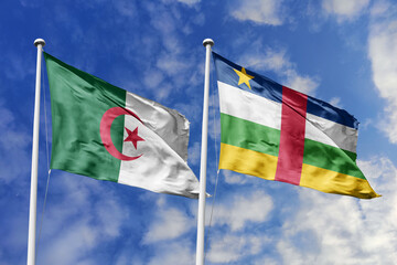 3d illustration. Algeria and Central African RepublicFlag waving in sky. High detailed waving flag. 3D render. Waving in sky. Flags fluttered in the cloudy sky.