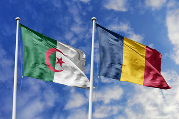 3d illustration. Algeria and Chad Flag waving in sky. High detailed waving flag. 3D render. Waving in sky. Flags fluttered in the cloudy sky.