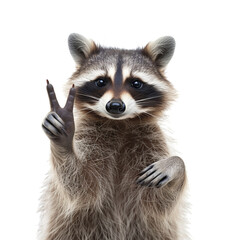 Raccoon showing sign peace on white background. Animal portrait