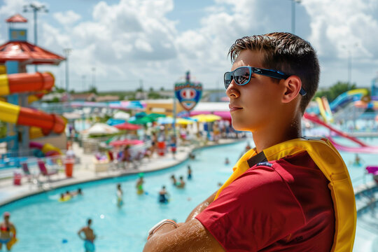 Lifeguard in orange cap overseeing a water park