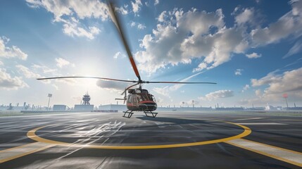 A helicopter hovering above a helipad, rotor blades spinning as it prepares to touch down with precision, showcasing the versatility and utility of rotary-wing aircraft.