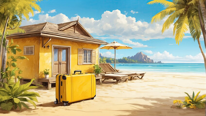 Illustration yellow suitcase on a tropical beach is a trip to the sea in a warm summer climate, a vacation tour in hotel.  - obrazy, fototapety, plakaty