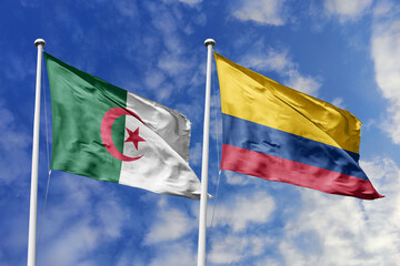 3d illustration. Algeria and Colombia Flag waving in sky. High detailed waving flag. 3D render. Waving in sky. Flags fluttered in the cloudy sky.