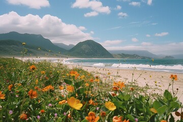 Waves gently breaking on a sandy shore, framed by a riot of colorful flowers and intricate vines