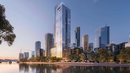 Fototapeta premium A high-rise building rises above the riverbank, its mirrored surface reflecting the surrounding cityscape in a stunning display of urban elegance.