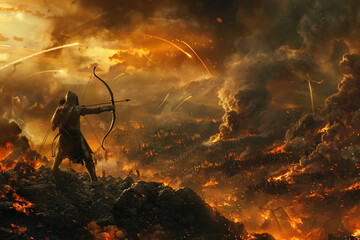 Show a lone archer positioned on a hill their arrow finding its target amidst the chaos of the battlefield - obrazy, fototapety, plakaty