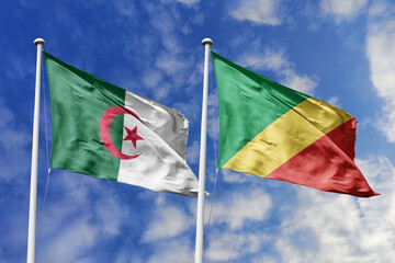 3d illustration. Algeria and Republic of the Congo Flag waving in sky. High detailed waving flag. 3D render. Waving in sky. Flags fluttered in the cloudy sky.