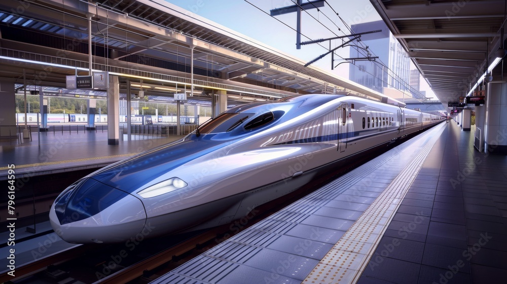 Poster a high-speed bullet train departing from a sleek modern station, symbolizing the efficiency and spee