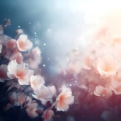 Beautiful fancy pink flowers on a gray-blue background with a sunny glow and highlights