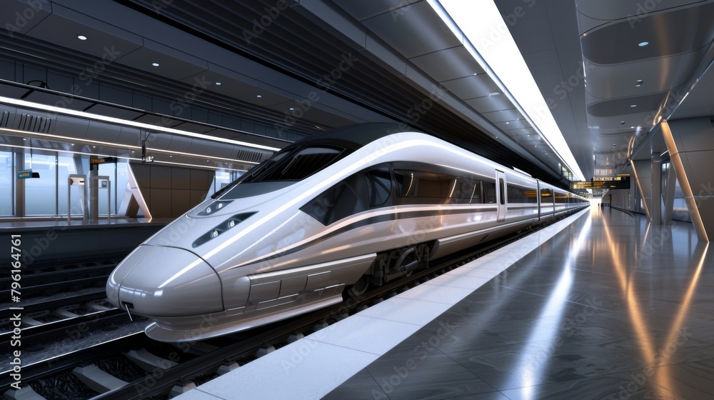 Poster a high-speed bullet train departing from a sleek modern station, symbolizing the efficiency and spee