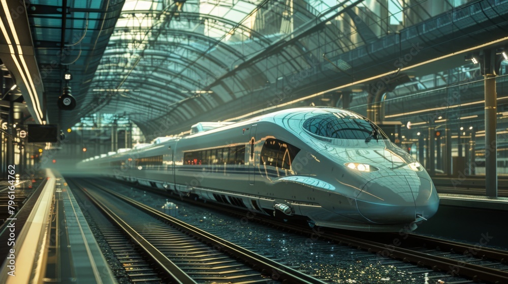 Poster a high-speed bullet train departing from a sleek modern station, symbolizing the efficiency and spee
