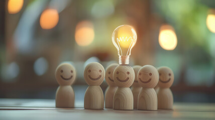 Business innovation concept. Employee who proposes a solution to the problem. Burning light bulb hologram on wooden figures. Employees brainstorming, looking for a solution to the problem.