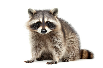 Sitting raccoon isolated on white background. Front view cute animal