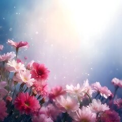 Beautiful fantasy flowers in pink and red on a gray-blue background with a sunny glow and highlights