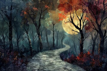 Moonlit haunted forest path, eerie fog creeping among twisted trees, perfect for Halloween themes , blending Cubism's fragmented perspectives with vibrant, emotive colors
