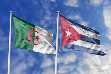 3d illustration. Algeria and Cuba Flag waving in sky. High detailed waving flag. 3D render. Waving in sky. Flags fluttered in the cloudy sky.