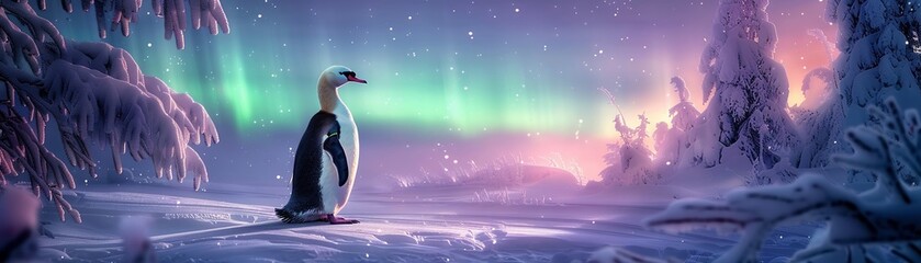 Tranquil twilight scene featuring a penguinswan under the soft glow of the aurora borealis, surrounded by a peaceful snowscape , high detailed