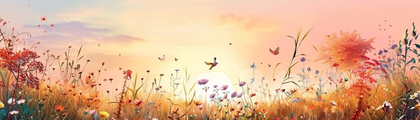 Fototapeta premium Sunrise in a serene meadow where hedgehogbird hybrids forage on the ground, then flutter up to greet the morning sun , Pop art style