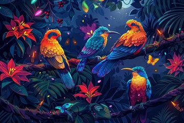 Vibrant Christmas scene in the jungle with tropical birds perched on a tree adorned with bright, natural ornaments and twinkling fireflies , impressive cubism art style