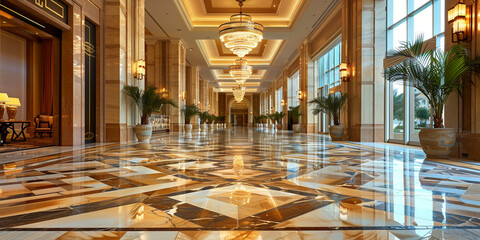 Luxurious Hotel Lobby: Elegant Marble Floors, Opulent Chandeliers, and Lush Greenery Adorning the Ambiance of Exclusivity and Grandeur - obrazy, fototapety, plakaty