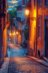 A quiet side street illuminated by vintage street lamps, cobblestones gleaming, panoramic view