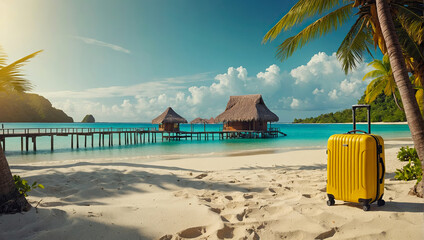 Yellow suitcase on a tropical beach is a trip to the sea in a warm summer climate, a vacation tour in hotel. 