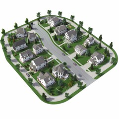 3D Render of a suburban cul-de-sac with spacious homes and manicured lawns, on isolated white background, Generative AI