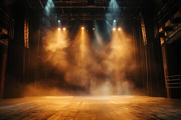 Silent artistry of an empty stage, set with complex lighting design casting an ethereal glow  - obrazy, fototapety, plakaty