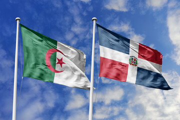 3d illustration. Algeria and Dominican Republic Flag waving in sky. High detailed waving flag. 3D render. Waving in sky. Flags fluttered in the cloudy sky.
