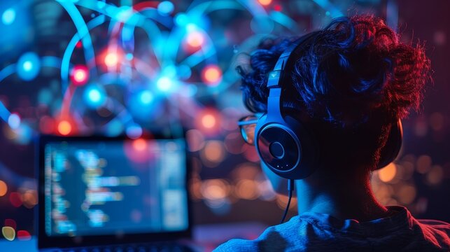 Remote Work and Collaboration: A photo of a person wearing headphones and participating in a virtual team