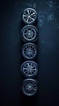 A vertical arrangement of six modern car wheels on a dark textured background, depicted in a cool blue tone.