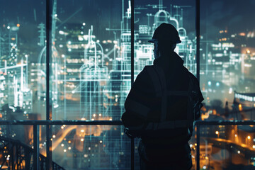 Silhouette of a construction manager with construction planning software and building sites 