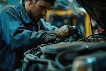Auto mechanic repairing car engine in auto repair shop. Car service and maintenance concept