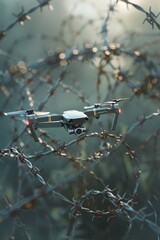 A drone entangled in barbed wire symbolizing the constraints and dangers of warfare