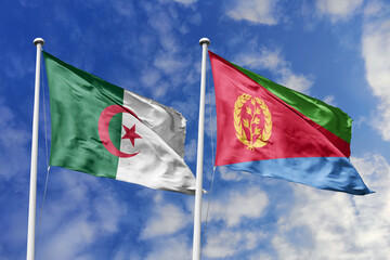 3d illustration. Algeria and Eritrea Flag waving in sky. High detailed waving flag. 3D render. Waving in sky. Flags fluttered in the cloudy sky.