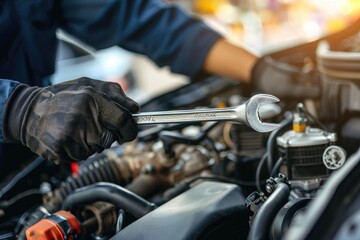 Fototapeta premium Auto mechanic repairing car engine in auto repair shop. Car service and maintenance concept