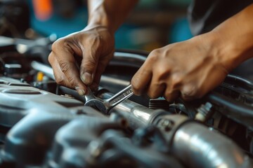 Auto mechanic repairing car engine in auto repair shop. Car service and maintenance concept
