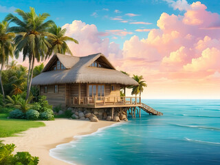Modern tropical bungalow Illustration with a thatched roof on the beach with palm trees by the sea. Rent accommodation on a trip, a secluded vacation in a separate bungalow