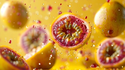 Fresh ripe raw passion fruit falling in the air isolated on yellow background, Zero gravity and...