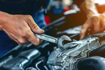 Auto mechanic repairing car engine in auto repair shop. Car service and maintenance concept