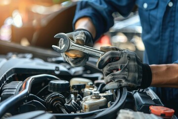 Fototapeta premium Auto mechanic repairing car engine in auto repair shop. Car service and maintenance concept