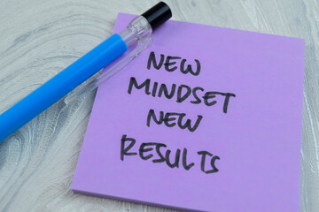 Concept of New Mindset New Results write on sticky notes isolated on Wooden Table.