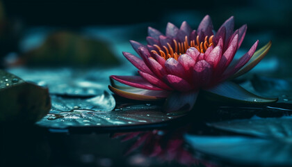 Lotus flower head floating on tranquil pond  - Powered by Adobe